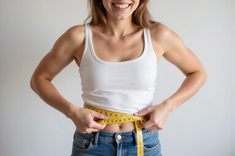 Nő mérőszalaggal a derekán, mosolyogva