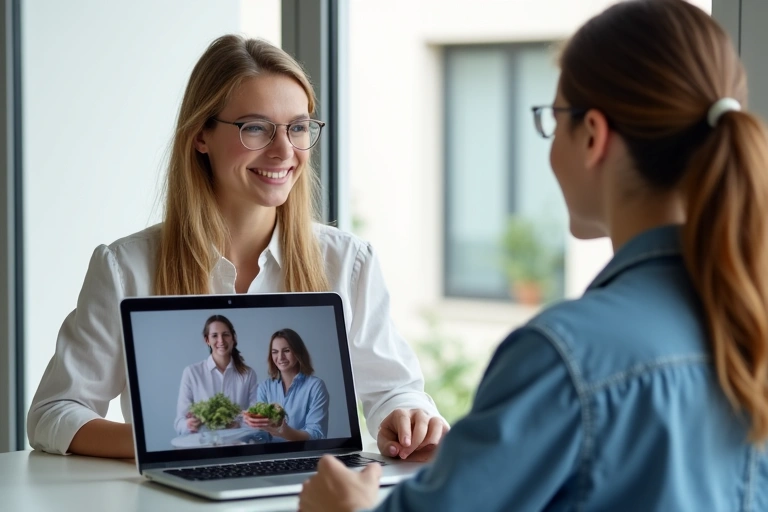 Nutricionista online konzultációt tart laptop előtt