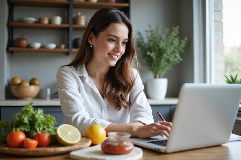 Egy fiatal nő laptop előtt ülve, jegyzetel egy online konzultáció során, egészséges ételekkel körülötve, professzionális és barátságos környezetben, természetes fénnyel.