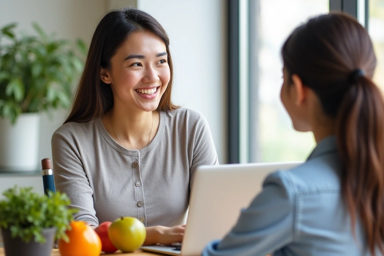 Fiatal nő laptop előtt, online konzultációt folytat egy nutricionistával, egészséges étkezés témában, mosolyogva.